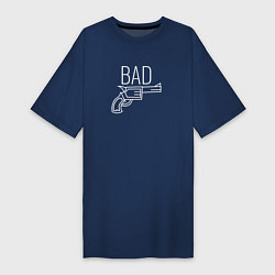 Футболка женская-платье Bad надпись с револьвером, цвет: тёмно-синий