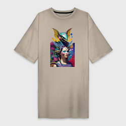 Футболка женская-платье Girl and alien - neural network - art, цвет: миндальный