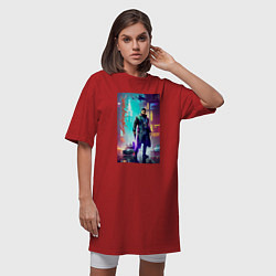 Футболка женская-платье Cyberpunk 2077 - neural network - night, цвет: красный — фото 2
