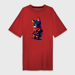 Футболка женская-платье Котёнок самурай - нейросеть, цвет: красный