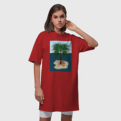 Футболка женская-платье Кот под пальмой на острове, цвет: красный — фото 2