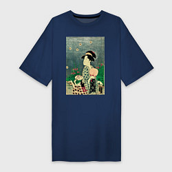 Футболка женская-платье Утамаро Китагава - гравюра Ловля светлячков, цвет: тёмно-синий