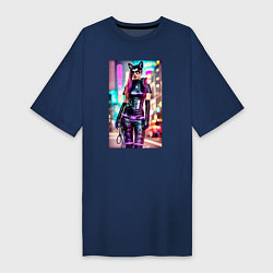 Футболка женская-платье Cyberpunk - cat girl - neural network, цвет: тёмно-синий