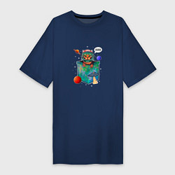 Футболка женская-платье Кот космонавт в кармане, цвет: тёмно-синий