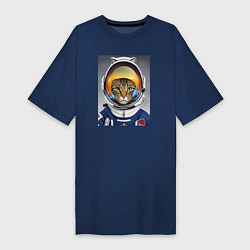 Футболка женская-платье Кот в костюме астронавта, цвет: тёмно-синий