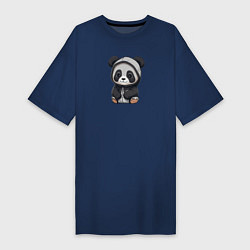 Футболка женская-платье Симпатичная панда в капюшоне, цвет: тёмно-синий
