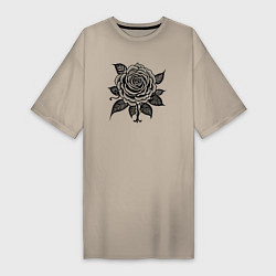 Футболка женская-платье Чёрно белая роза цветы, цвет: миндальный