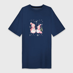 Футболка женская-платье Два снеговика на снегу, цвет: тёмно-синий