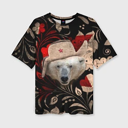 Женская футболка оверсайз Медведь в ушанке