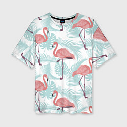 Женская футболка оверсайз Узор фламинго и тропических растений