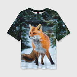Женская футболка оверсайз Лиса в зимнем лесу