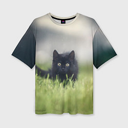 Женская футболка оверсайз Черный кот на лугу