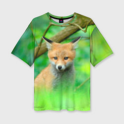 Футболка оверсайз женская Лисенок в зеленом лесу, цвет: 3D-принт