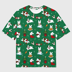 Футболка оверсайз женская Новогодний паттерн с зайчиками, цвет: 3D-принт
