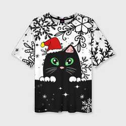 Женская футболка оверсайз Новогодний кот в колпаке Санты