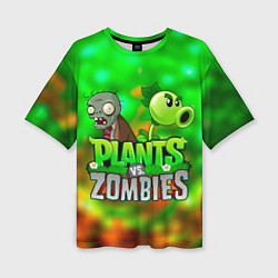 Женская футболка оверсайз Plants vs Zombies горохострел и зомби