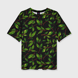 Женская футболка оверсайз Яркие зеленые листья на черном фоне