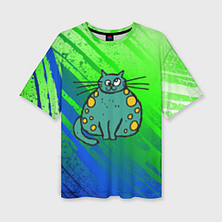 Женская футболка оверсайз Прикольный зеленый кот