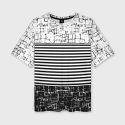 Женская футболка оверсайз Черно-белый комбинированный абстрактный с полосаты