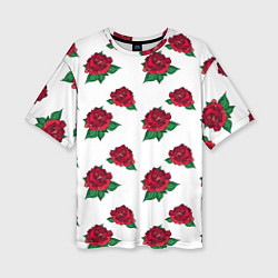 Женская футболка оверсайз Цветы Красные Розы На Белом Фоне