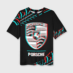 Футболка оверсайз женская Значок Porsche в стиле Glitch на темном фоне, цвет: 3D-принт