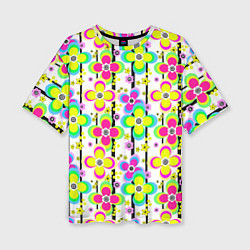 Женская футболка оверсайз Цветочный ретро узор в неоновых тонах