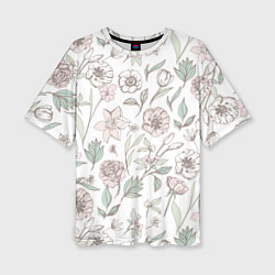 Женская футболка оверсайз Цветы Астры и Розы На Светлом Фоне