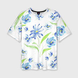 Женская футболка оверсайз Цветы Синие Нарисованные Карандашами