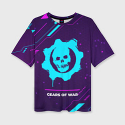 Женская футболка оверсайз Символ Gears of War в неоновых цветах на темном фо