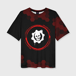Женская футболка оверсайз Символ Gears of War и краска вокруг на темном фоне