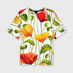 Женская футболка оверсайз Волнообразный узор из цветков мака Лето