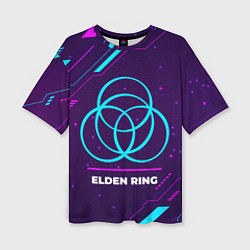 Женская футболка оверсайз Символ Elden Ring в неоновых цветах на темном фоне