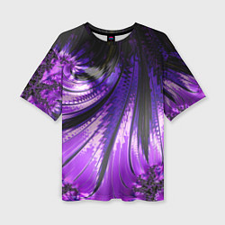 Женская футболка оверсайз Неоновый фрактал черный с фиолетовым Абстракция