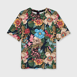 Женская футболка оверсайз Паттерн из цветов, черепов и саламандр