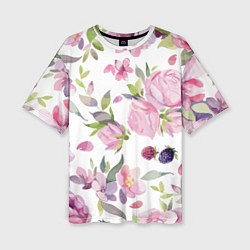 Женская футболка оверсайз Летний красочный паттерн из цветков розы и ягод еж
