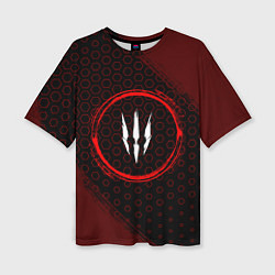 Женская футболка оверсайз Символ The Witcher и краска вокруг на темном фоне
