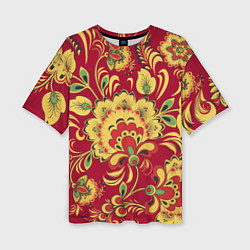 Женская футболка оверсайз Хохломская Роспись Цветы На красном Фоне