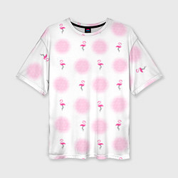 Женская футболка оверсайз Фламинго и круги на белом фоне