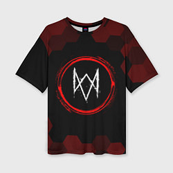 Женская футболка оверсайз Символ Watch Dogs и краска вокруг на темном фоне