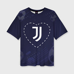 Футболка оверсайз женская Лого Juventus в сердечке на фоне мячей, цвет: 3D-принт
