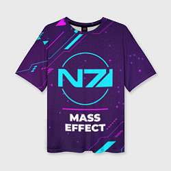 Женская футболка оверсайз Символ Mass Effect в неоновых цветах на темном фон