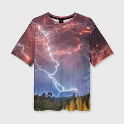Женская футболка оверсайз Грозовые разряды молний над лесом