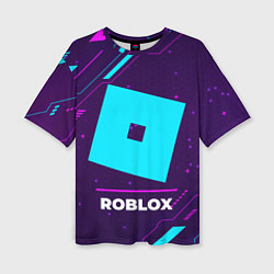 Женская футболка оверсайз Символ Roblox в неоновых цветах на темном фоне