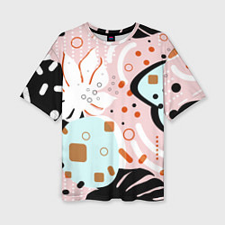 Женская футболка оверсайз Абстрактные фигуры с пальмовыми листами на розовом