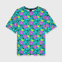 Женская футболка оверсайз Яркий цветочный узор на бирюзовом фоне
