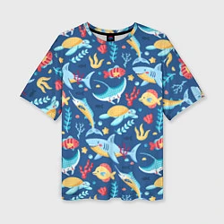 Женская футболка оверсайз Акула, скат и другие обитатели океана - лето