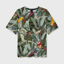 Женская футболка оверсайз Попугаи и Цветы Зелёные Джунгли