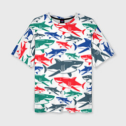 Женская футболка оверсайз Стая разноцветных акул - паттерн