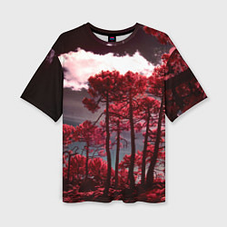Женская футболка оверсайз Абстрактные красные деревья и облака