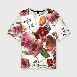 Женская футболка оверсайз Цветы Нарисованные Красные и Розовые Розы